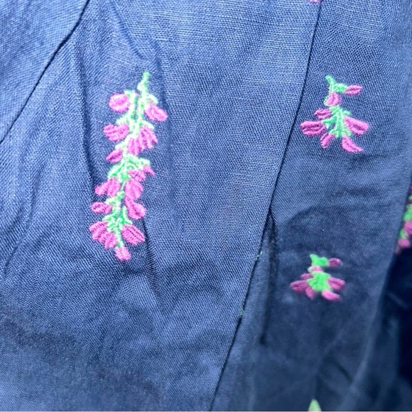 Linen Navy Blue Puff Short Sleeve Dress - Picture 5 of 6